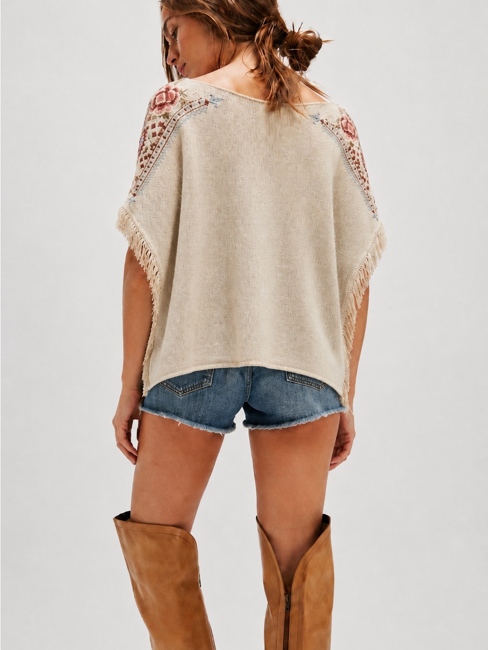 Johnny Was- 4Love And Liberty- Silk/ Cotton Embroidered Fringe Poncho Knit top - - Picture 2 of 13